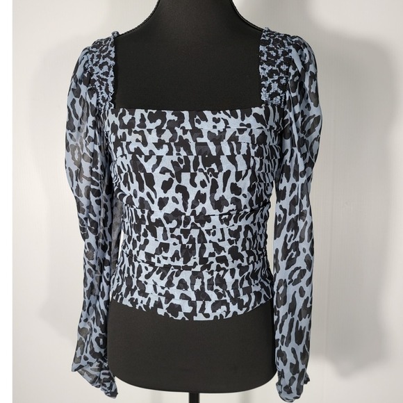 Zara Women's Blue Animal Print Balloon Long Sleeve Pleated Crop - Picture 3 of 10